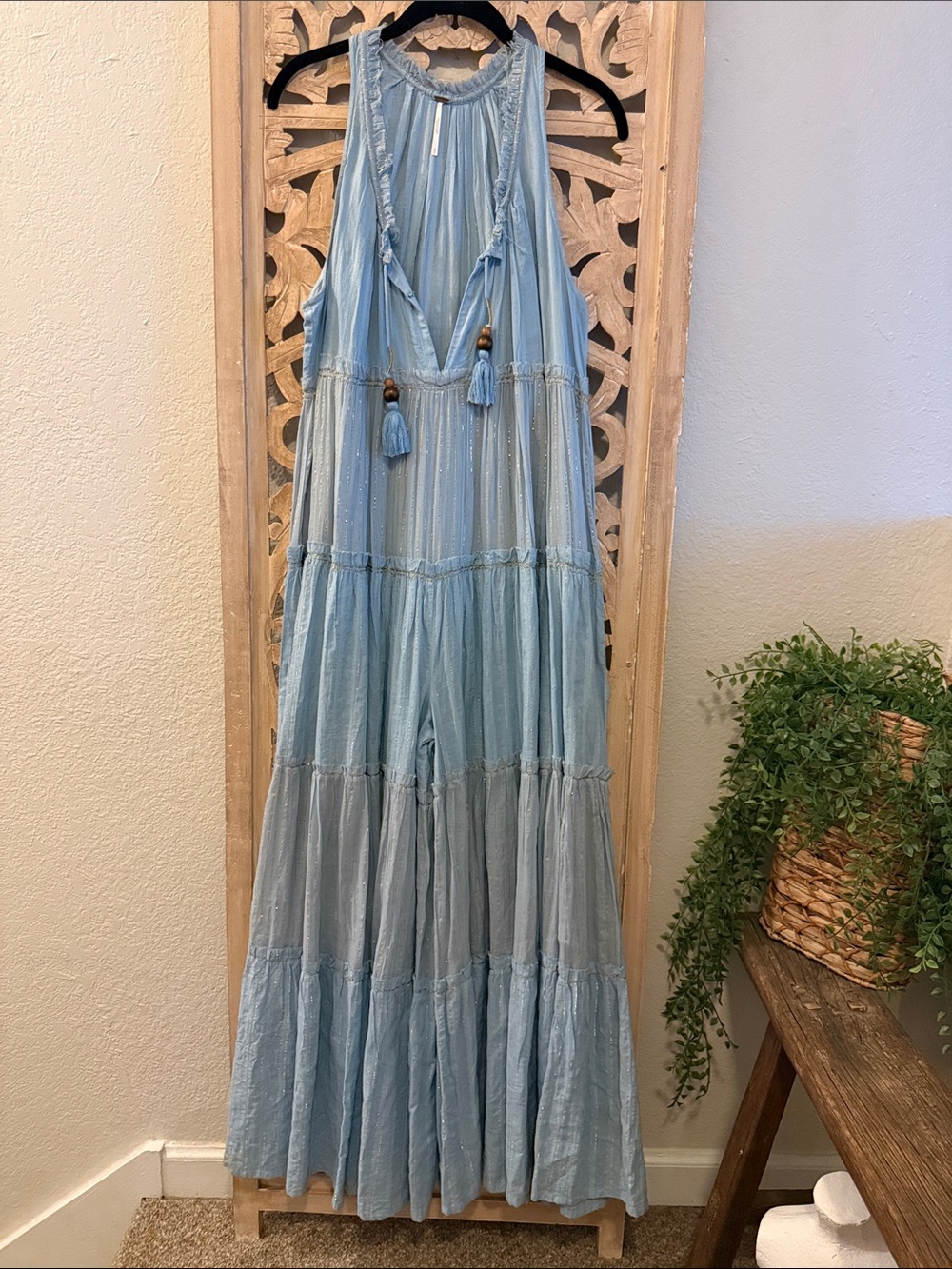 Free People Light Blue Tiered Halter Maxi Jumpsuit wide leg pants with Tassels